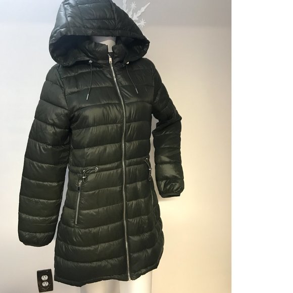 Butter Soft Lightweight Long Olive Green Coat Jacket Puffer Hooded Fall Spring - Picture 4 of 8